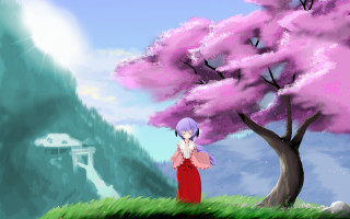 Woman red dress tree pink 2 - impressionism free wallpaper