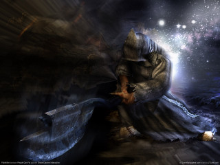 Man kneeling axe starry night - bastien l. deharme free wallpaper