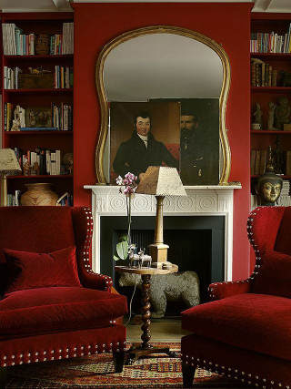 Living room red couch chair - a fireplace free wallpaper