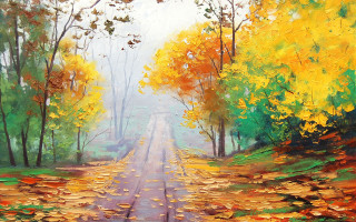 Fall road leaves trees yellow - impressionist painting free wallpaper