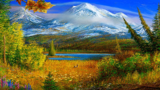 Mountain lake trees bird painting - digital painting free wallpaper