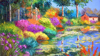 Pond flowers house background painting - erin hanson free wallpaper