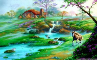 Horse field waterfall house rainbow - a painting of a horse free wallpaper