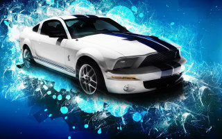 White mustang blue background swirls - a black stripe free wallpaper