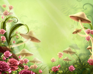 Fantasy forest flowers mushrooms roses - pink rose free wallpaper