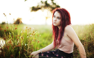 Woman red hair field grass 3 - a field of grass free wallpaper