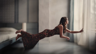 Woman long dress window sill - surreal photography free wallpaper for desktop