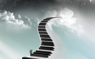 Man piano sky clouds stars - surrealism free wallpaper
