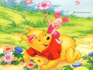 Winnie the pooh piglet playing - flower and butterflies free wallpaper
