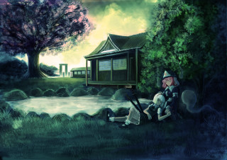 Woman bench tree house painting - a bench next free wallpaper