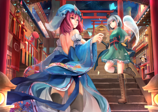 Blue dress girls architecture kimono - a red door free wallpaper