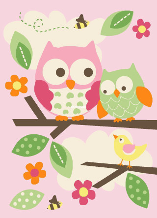 Pink owls branch flowers bees - a branch free wallpaper
