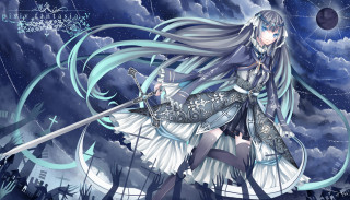 Woman long hair sword cloudy - a full moon behind her free wallpaper