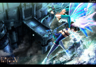 Girl blue dress white bird - over a city free wallpaper