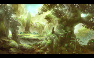 Forest trees rocks nature painting - a painting of a forest free wallpaper
