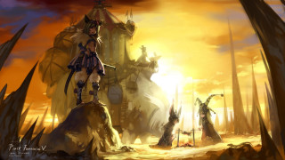 Woman rock castle statue sword - a rock in front free wallpaper