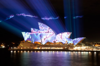 Large building opera nighttime lights - bruce munro free wallpaper