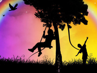 Person swinging rope rainbow sky - psychedelic free wallpaper for desktop