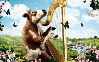 Cow playing harp field flowers - a stream of water free wallpaper