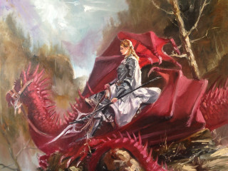 Woman riding dragon red umbrella - a painting of a woman riding free wallpaper