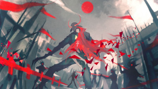 Red umbrella city street flags - a painting of a man free wallpaper for desktop