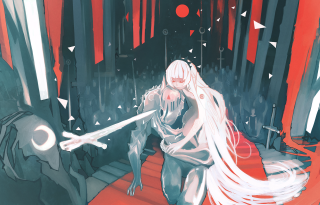 White haired woman sitting sword - a red floor free wallpaper