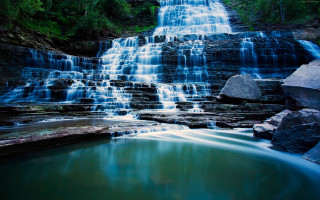 Waterfall pool rocks trees nature - the foreground and trees free wallpaper