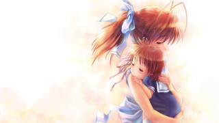 Anime girls hugging sky background 2 - a white background behind them free wallpaper