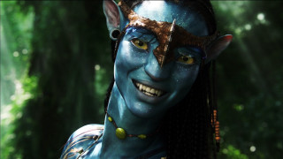 Woman blue makeup horned head - her face and chest free wallpaper