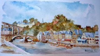 Bridge river buildings background blue - watercolor free wallpaper