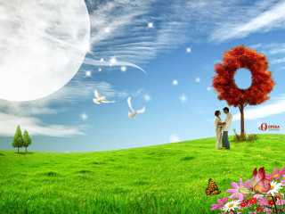 Couple field tree wreath love - over them free wallpaper