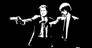 Two men guns pointing black - ink free wallpaper