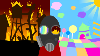 Gas mask city painting fireplace - a gas mask free wallpaper