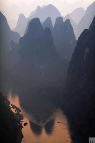 River mountains valley boat water - matte painting free wallpaper for mobile