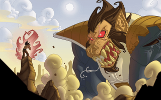 Cartoon man sword demon background - his hand and a demon in the background free wallpaper