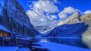 Snowy mountain lake dock cabin - winter free wallpaper