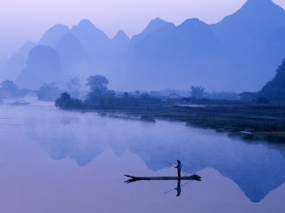 River mountains foggy sky boat - dai xi free wallpaper