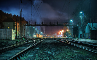Train track night cityscape bridge - atmospheric free wallpaper