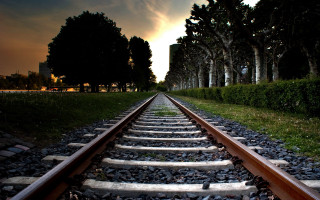 Train track trees sunset clouds - each side of it free wallpaper