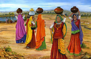 Women carrying pots painting artwork - a desert landscape free wallpaper