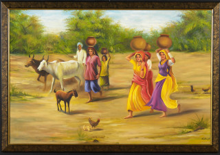 People walking field animals man - oil painting free wallpaper