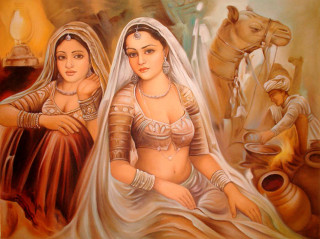 Women traditional dress bed horse - an oil free wallpaper