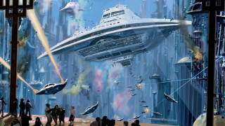 Futuristic city large ship people - free sci-fi wallpaper