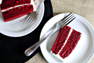 Red velvet cake slice plate - a fork and knife next free wallpaper