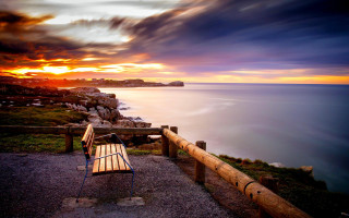 Bench wooden rail ocean sunset - arthur b. carles free wallpaper for desktop