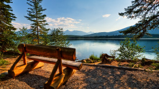 Bench lake mountains blue sky 4 - a bench free wallpaper