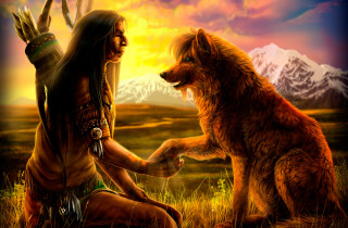 Native american man wolf field - storybook illustration free wallpaper for desktop