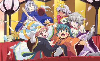 Anime characters group photo building - a picture together in front free wallpaper