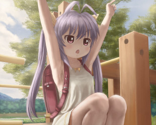Girl purple hair bench arms - a wooden bench free wallpaper for desktop