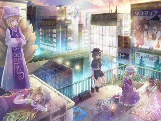 Anime girls balcony building night - city free wallpaper